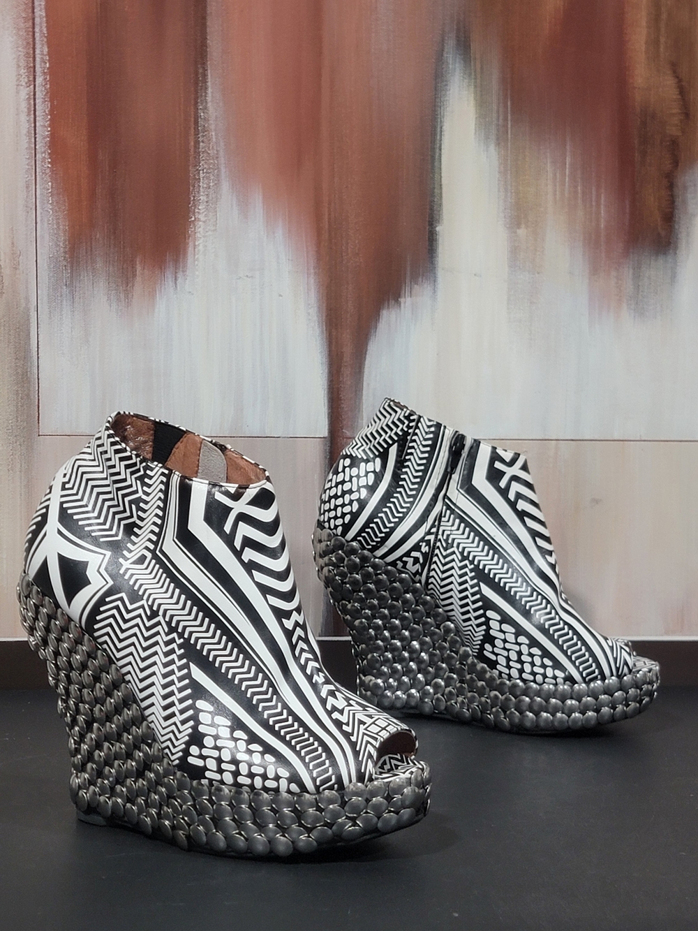 Jeffrey Campbell Black and White Geometric Peep-Toe Wedge Booties
